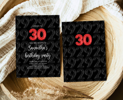Editable 30th Birthday Invitation, Black 30th Birthday Invite, 30th Balloon Birthday Invite, Modern Minimalist Birthday Invitation, AB07