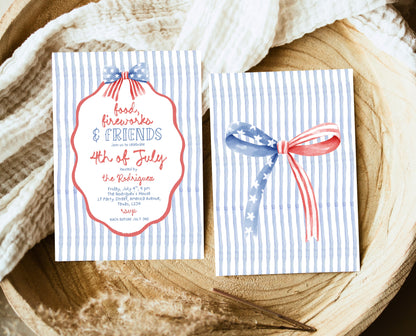 Editable Whimsical 4th Of July Invitation, Independence Day BBQ Invite, American Bow Invitation, July 4th BBQ Invite, July Fourth Invite