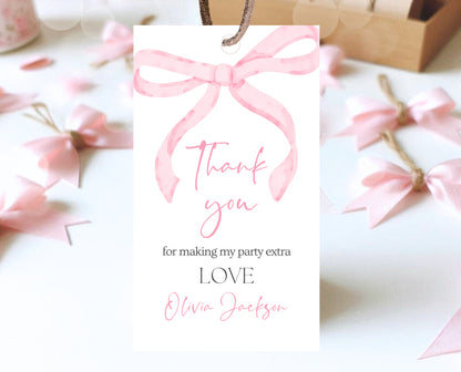 Editable Pink Bow Birthday Favor Tag, Girl First Birthday Printable, Pink Coquette Bow Girl Favor Gift Tag, Bow Tag, Instant Download, VDC12