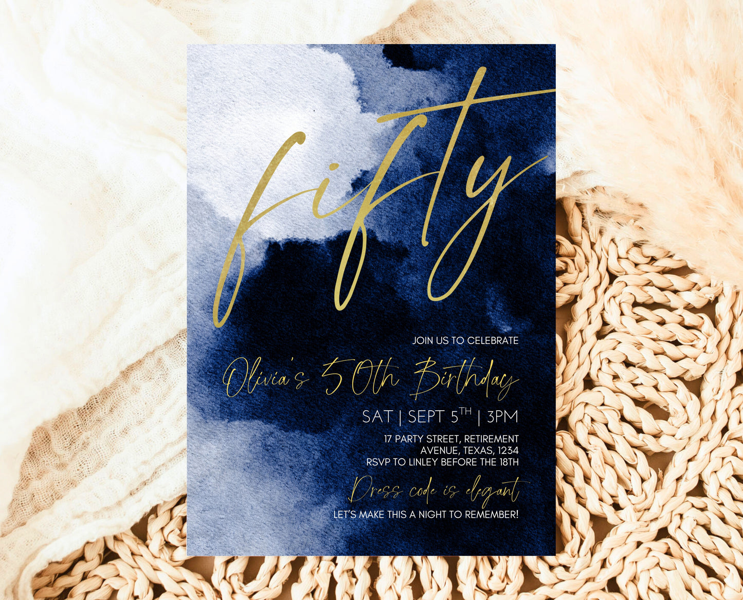 Editable 50th Birthday Invitation, 50th Fifty Birthday Invite, Blue Gold 50th Birthday Decor, Fiftieth Modern Invite, Instant Download, AB08