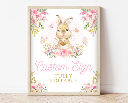 Editable Bunny Baby Shower Custom Sign, Pink Gold Bunny, Girl Floral Bunny Baby Shower, Spring Rabbit Baby Shower Fully Editable Sign, EPC10