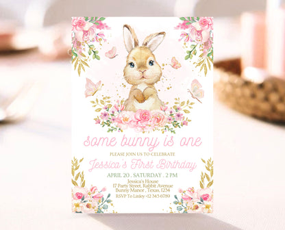 Editable Bunny Birthday Invitation, Pink Gold Some Bunny 1st Birthday, Floral Bunny Birthday, Spring Birthday Rabbit Birthday Invite, EPC09