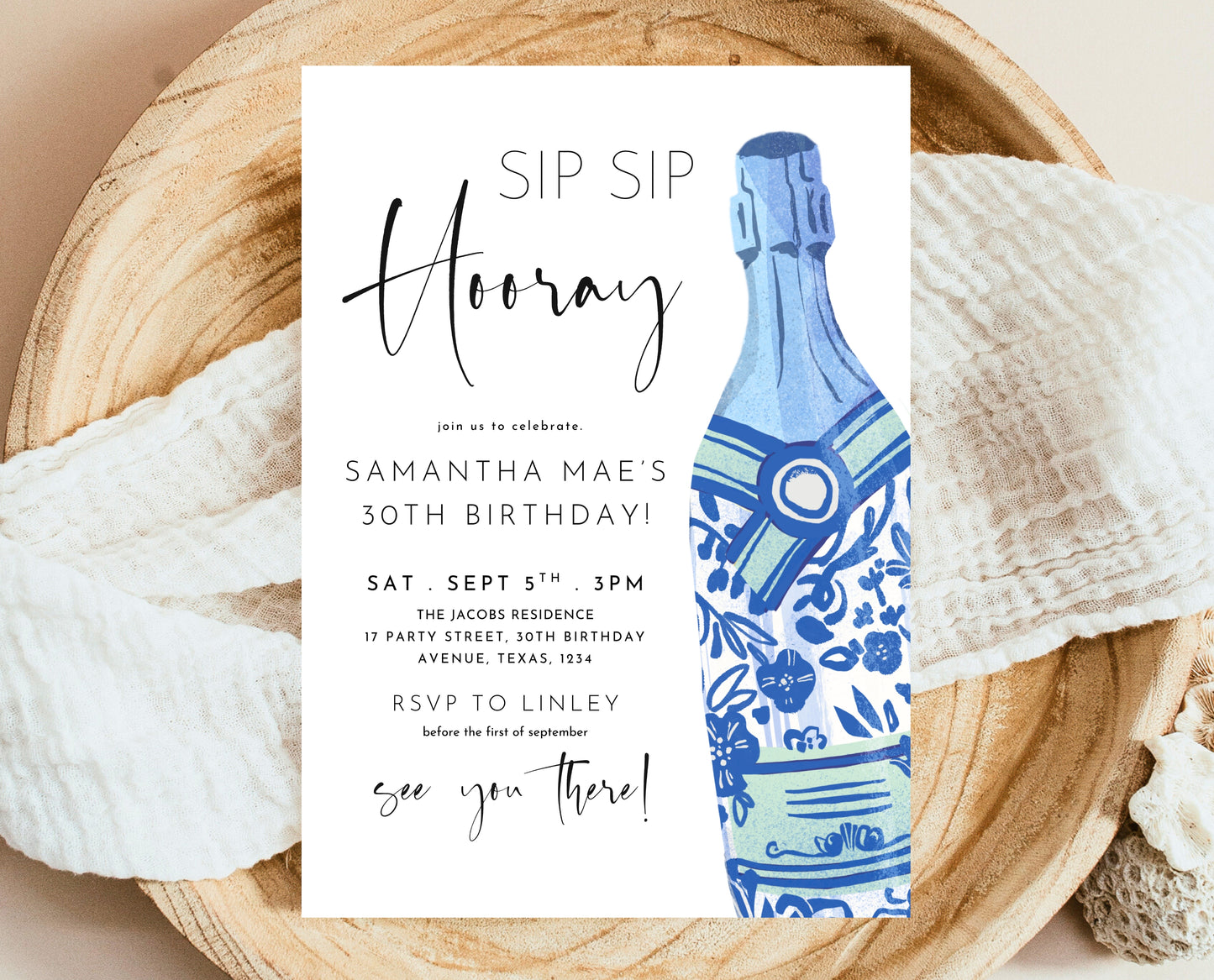Editable Sip Sip Hooray Champagne Birthday Invitation Blue Modern Minimalist Boozy Party Printable Invite Template Instant Download