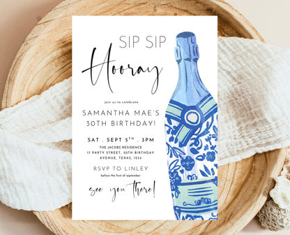 Editable Sip Sip Hooray Champagne Birthday Invitation Blue Modern Minimalist Boozy Party Printable Invite Template Instant Download