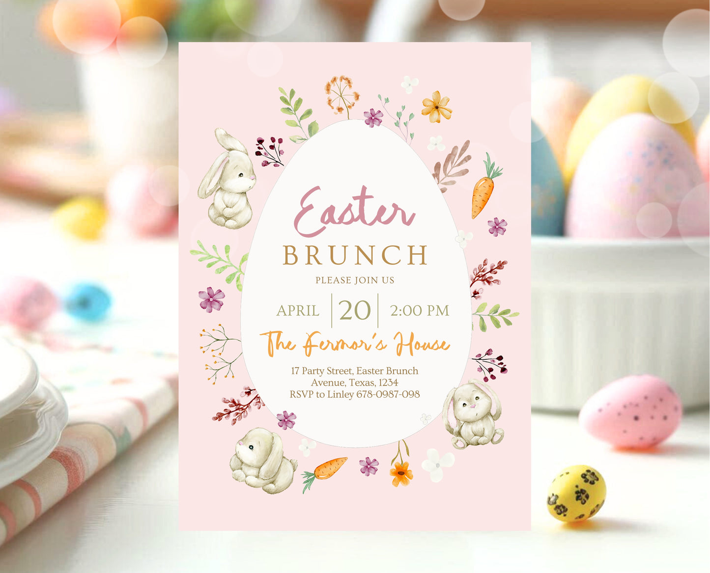 Editable Easter Brunch Invitation, Printable Easter Party Invitation, Scribble Doodle Easter Invite, Pink Floral Easter Brunch Invitation