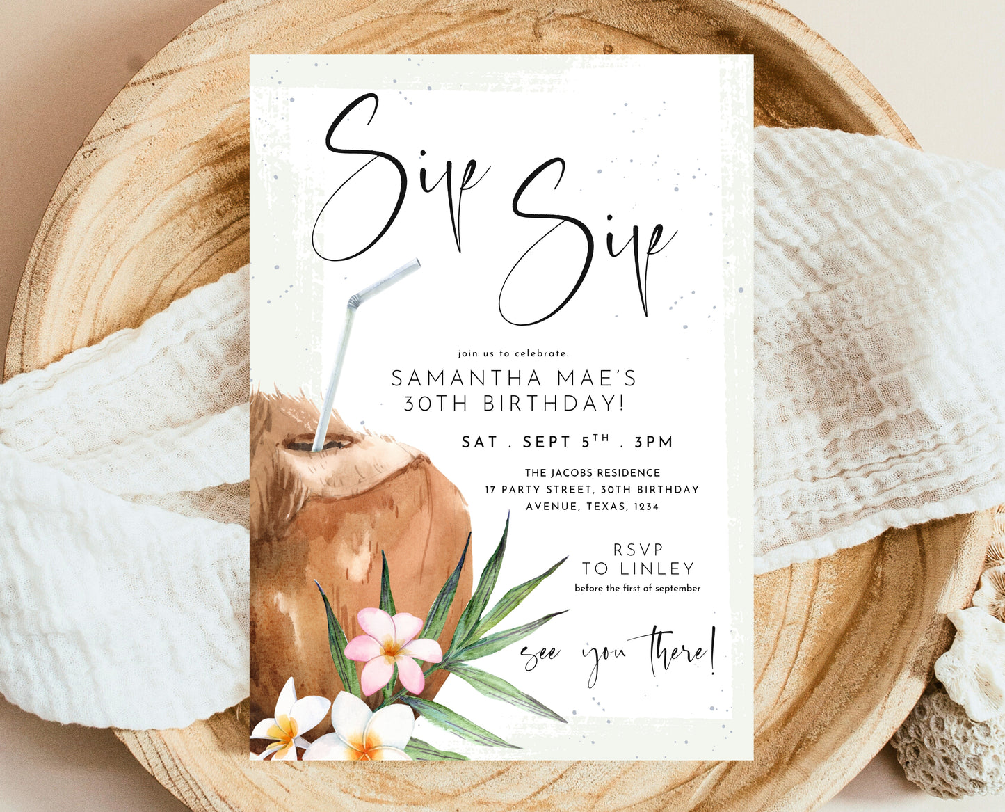 Editable Coconut Cocktail Birthday Invitation Tropical Beach Summer Party Modern Minimalist Printable Invite Template Instant Download