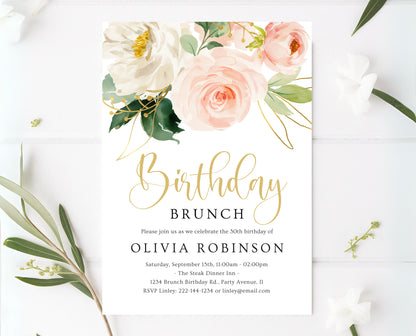 Editable Blush Pink Floral Birthday Brunch Invitation Gold Rose Invite Watercolour Printable Party Template for Women Instant Download
