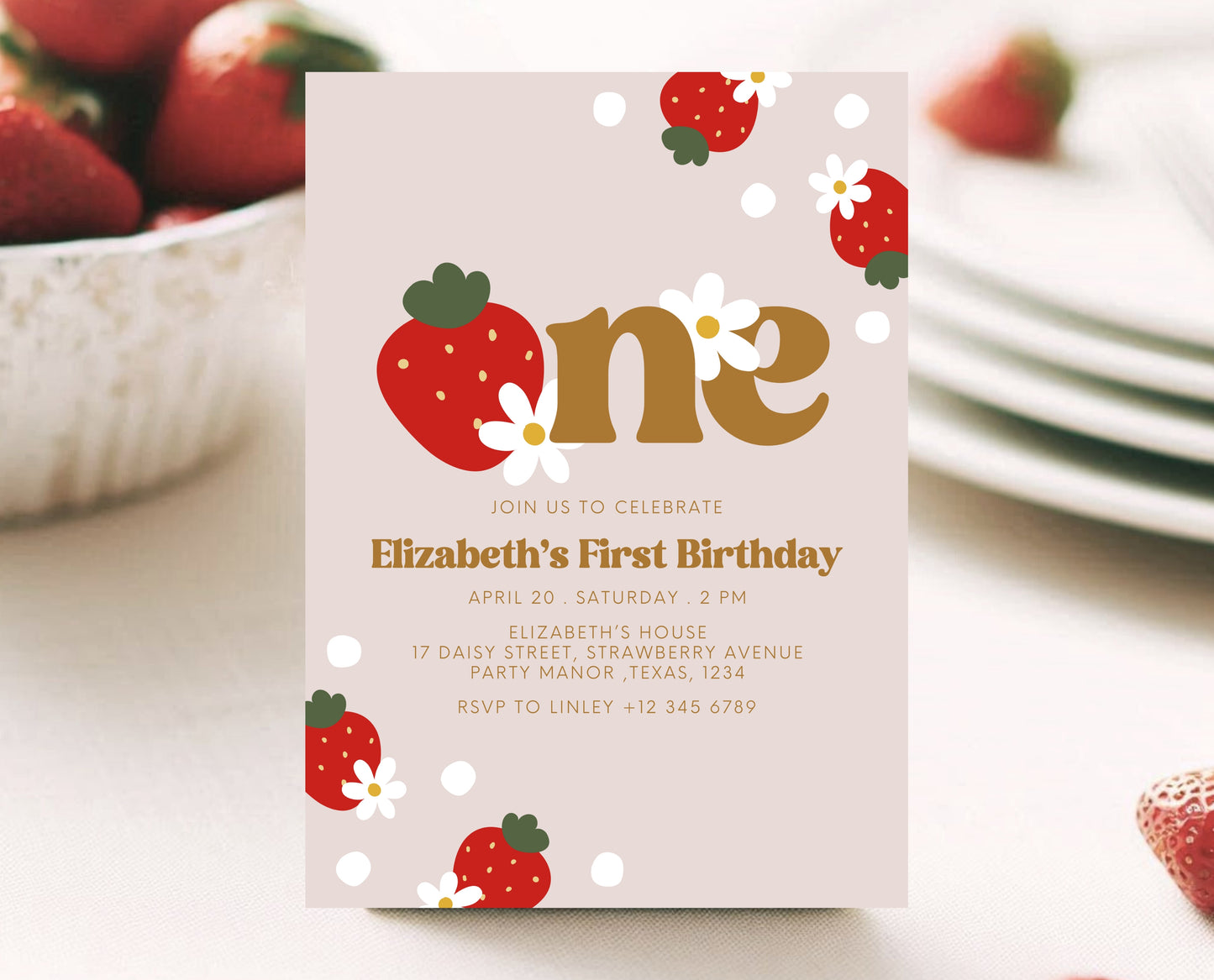Editable Berry First Birthday Invitation, Strawberry 1st Birthday Girl Invite, Printable Strawberry First Birthday Girl Invitation, GBP02