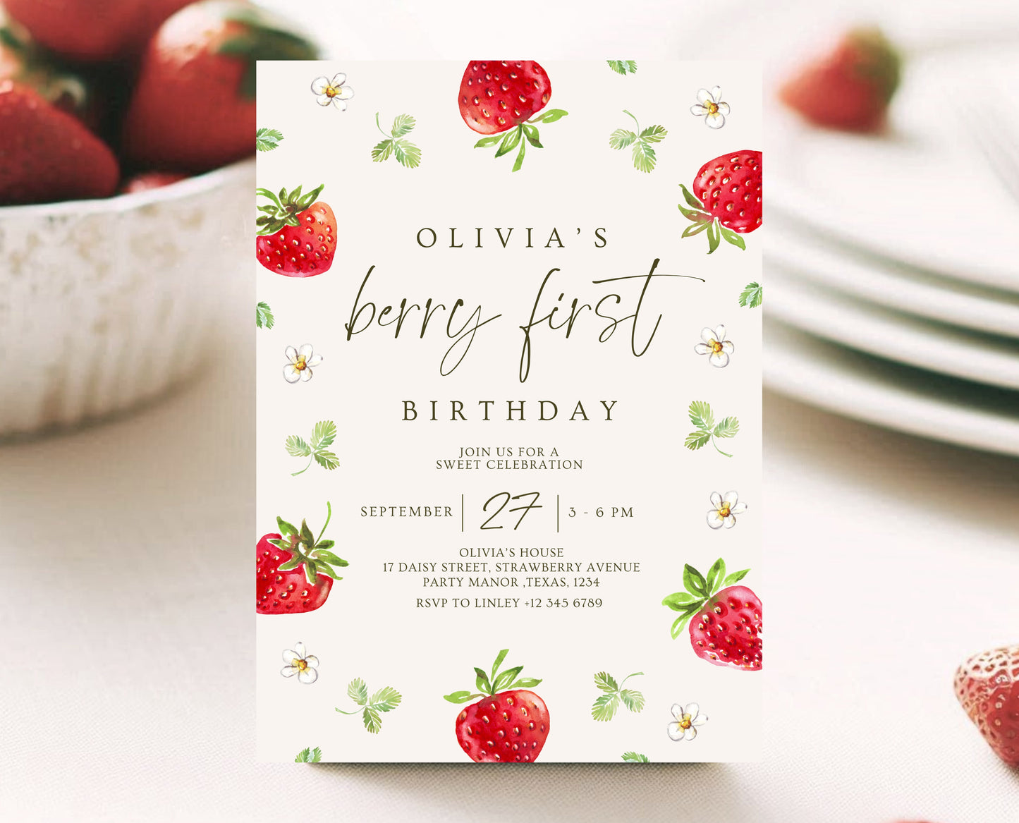 Editable Berry First Birthday Invitation, Strawberry 1st Birthday Girl Invite, Printable Strawberry First Birthday Girl Invitation, GBP04
