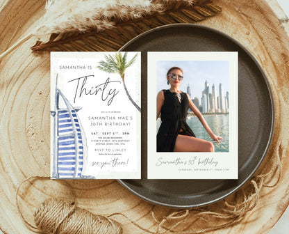 Editable Dubai Themed Palm Birthday Invitation Summer Party Template Luxury Desert Tropical Printable Invite Download AB13