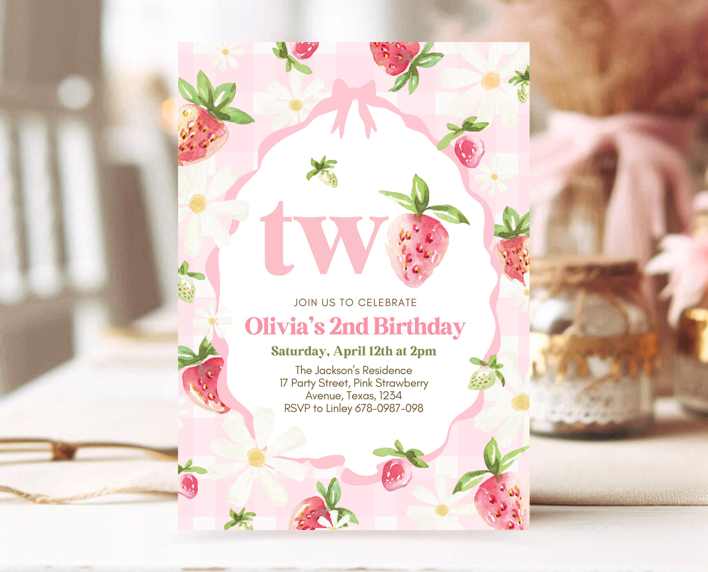 Editable Strawberry 2nd Birthday Invitation, Strawberry 2nd Birthday Girl Invite, Whimsical Strawberry 2nd Birthday Girl Invitation, GBP06