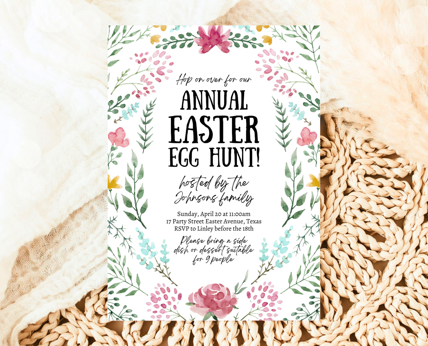 Editable Floral Easter Brunch Invitation, Printable Easter Party Invitation, Wildflower Easter Invite, Boho Floral Easter Brunch Invitation