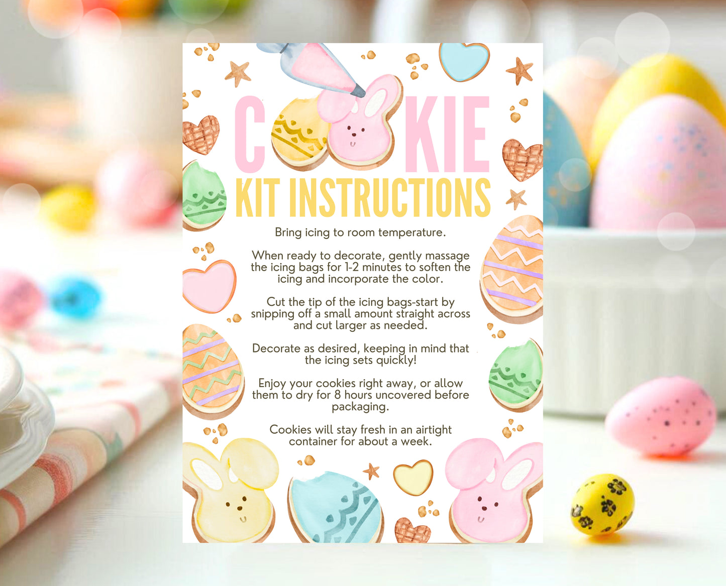 Editable Easter Cookie Kit Instructions Card, Decorate Your Own Easter Bunny Cookie, Cookie Decorating Kit DIY, Printable, Instant Download