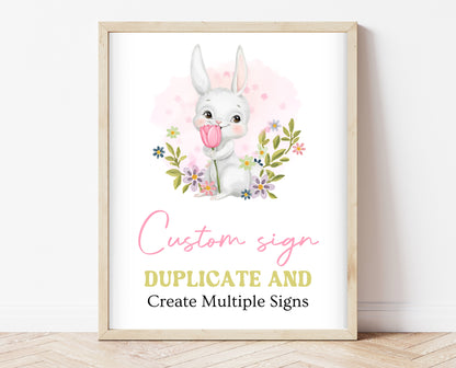 Editable Pink Bunny Birthday Custom Sign, White Bunny Birthday Party, Hop On Over Bunny Birthday, Spring Birthday, Rabbit Custom Sign, EPC16