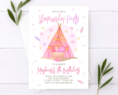 Editable Sleepunder Birthday Invitation Pink Glamping Spa Slumber Party Movie Night Tween Teen Printable Template Instant Download GBP51