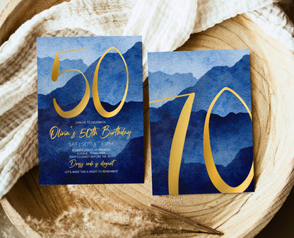 Editable 50th Birthday Invitation Blue Gold Digital Template Modern Mobile Invite for Him Instant Download Printable Party Design AB09