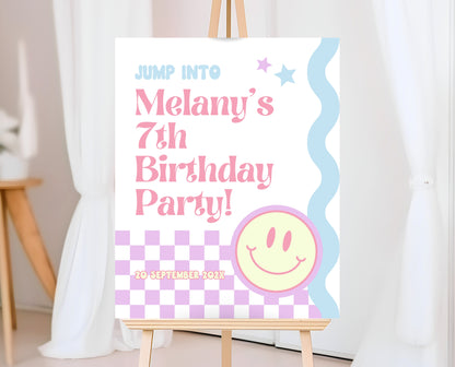 Editable Retro Smiley Birthday Welcome Sign, Preppy Smile Theme, Pink Checkered Smiley Birthday Sign, Retro Smiley Girl Welcome Sign, GBP17