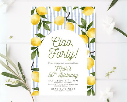Editable Ciao Forty Birthday Invitation Lemon Boho Theme Modern 40th Party Template Digital Printable Invite Italian Summer Design