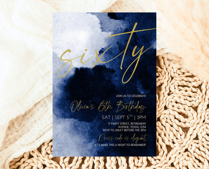 Editable 60th Birthday Invitation, Mobile 60th Birthday Invite, Blue Gold 60th Birthday Decor, 60th Balloon Invite, Instant Download, AB08