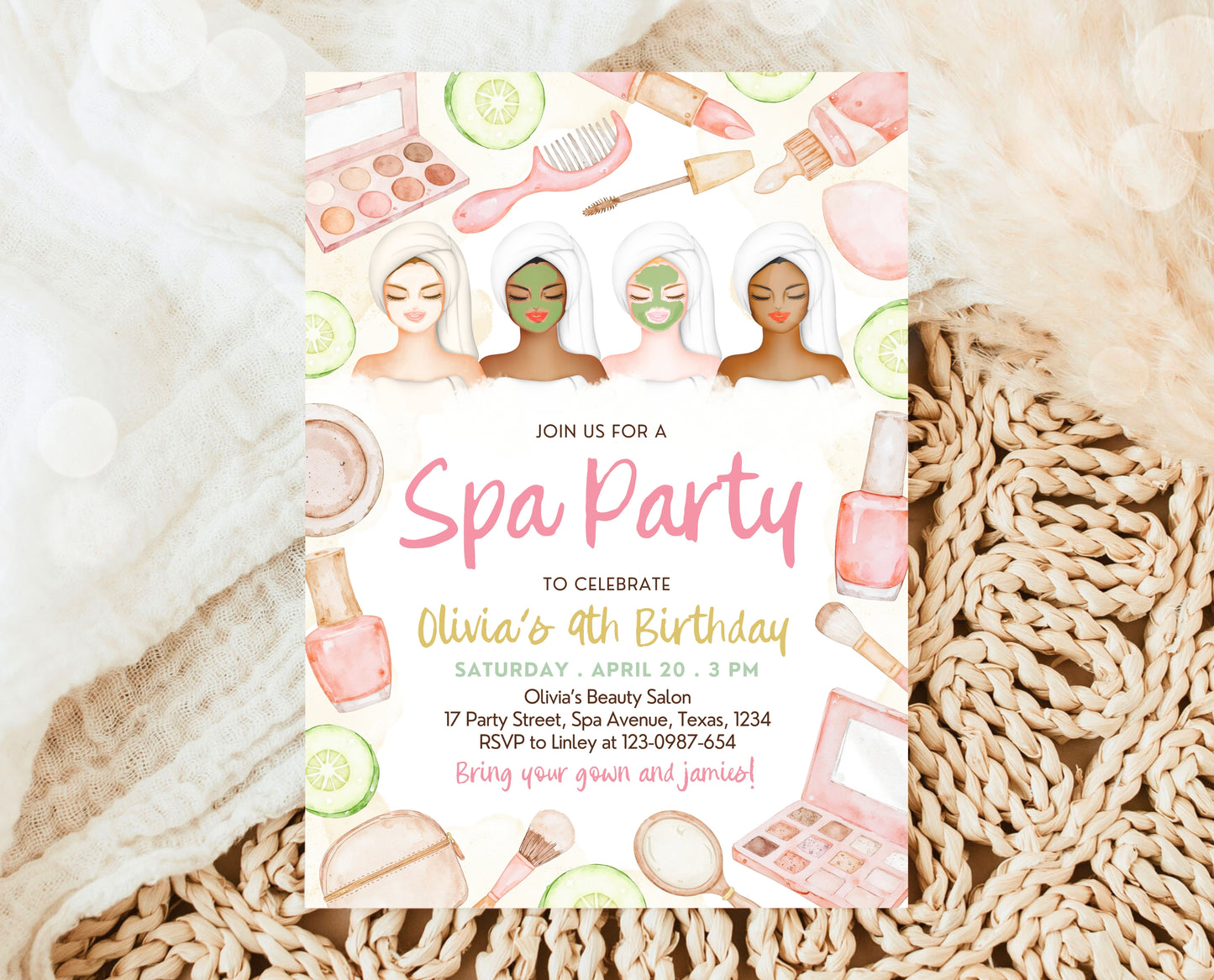 Editable Spa Girls Birthday Invitation, Spa Party Invite, Pamper Birthday Invite, Neutral Glam Party Invite, Spa Girl Birthday Invite, GBP09
