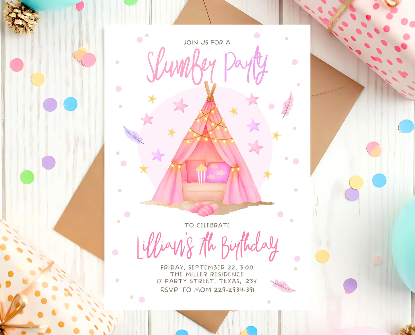 Editable Slumber Birthday Invitation Pink Glamping Spa Sleepover Party Movie Night Tween Teen Printable Template Instant Download GBP51