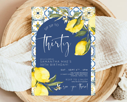 Editable Mediterranean Lemon Birthday Invitation Blue Tiles Italy Theme Summer Party Printable Boho Adult Birthday Invite Template AB15