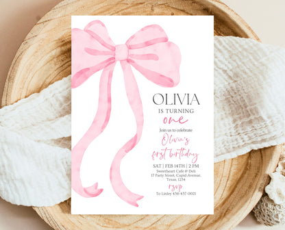 Editable Pink Bow Birthday Invitation, Girl First Birthday Printable, Pink Coquette Bow Invitation Birthday Girl Invite, Bow Invite, VDC12
