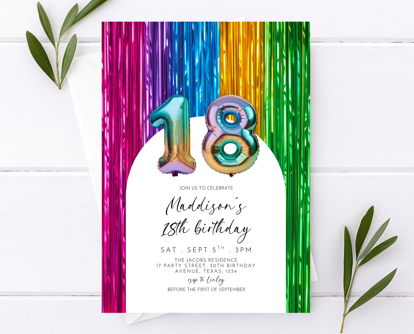 Editable 18th Birthday Invitation Rainbow Streamers Theme Colourful Fun Party Design Digital Template Instant Download Printable Invite