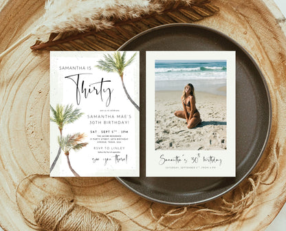 Editable Palm Birthday Invitation Template Folk Palm Trees Summer Party Beach Theme Watercolour Modern Instant Download Printable AB14