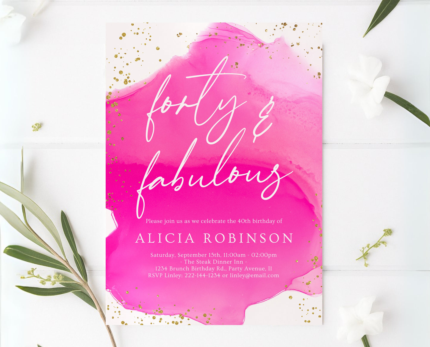 Editable Hot Pink and Gold 40th Birthday Invitation Forty and Fabulous Party Invite Modern Glam Birthday Template Printable Download AB17