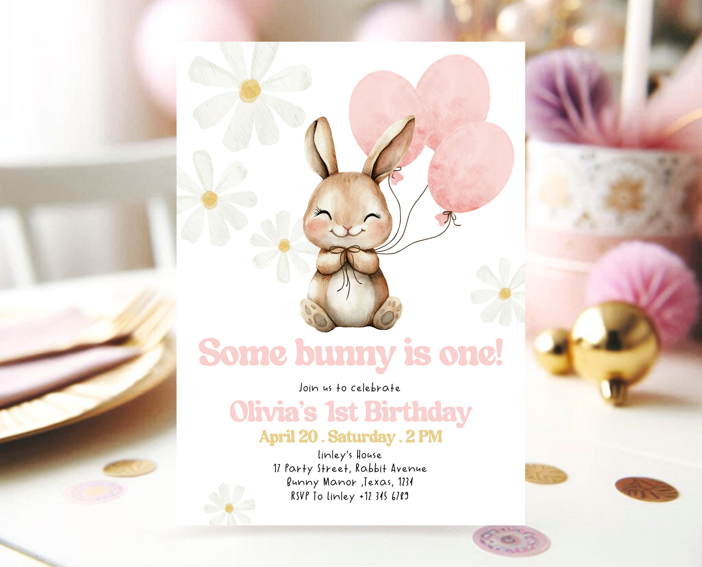 Editable Bunny Birthday Invitation, Some Bunny 1st Birthday Party, Hop On Over Bunny Birthday, Spring Birthday Rabbit Birthday Invite, EPC06