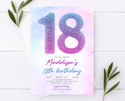 Editable 18th Birthday Invitation Pink Purple Blue Glitter Design Modern Elegant Digital Party Template Printable Invite Instant Download