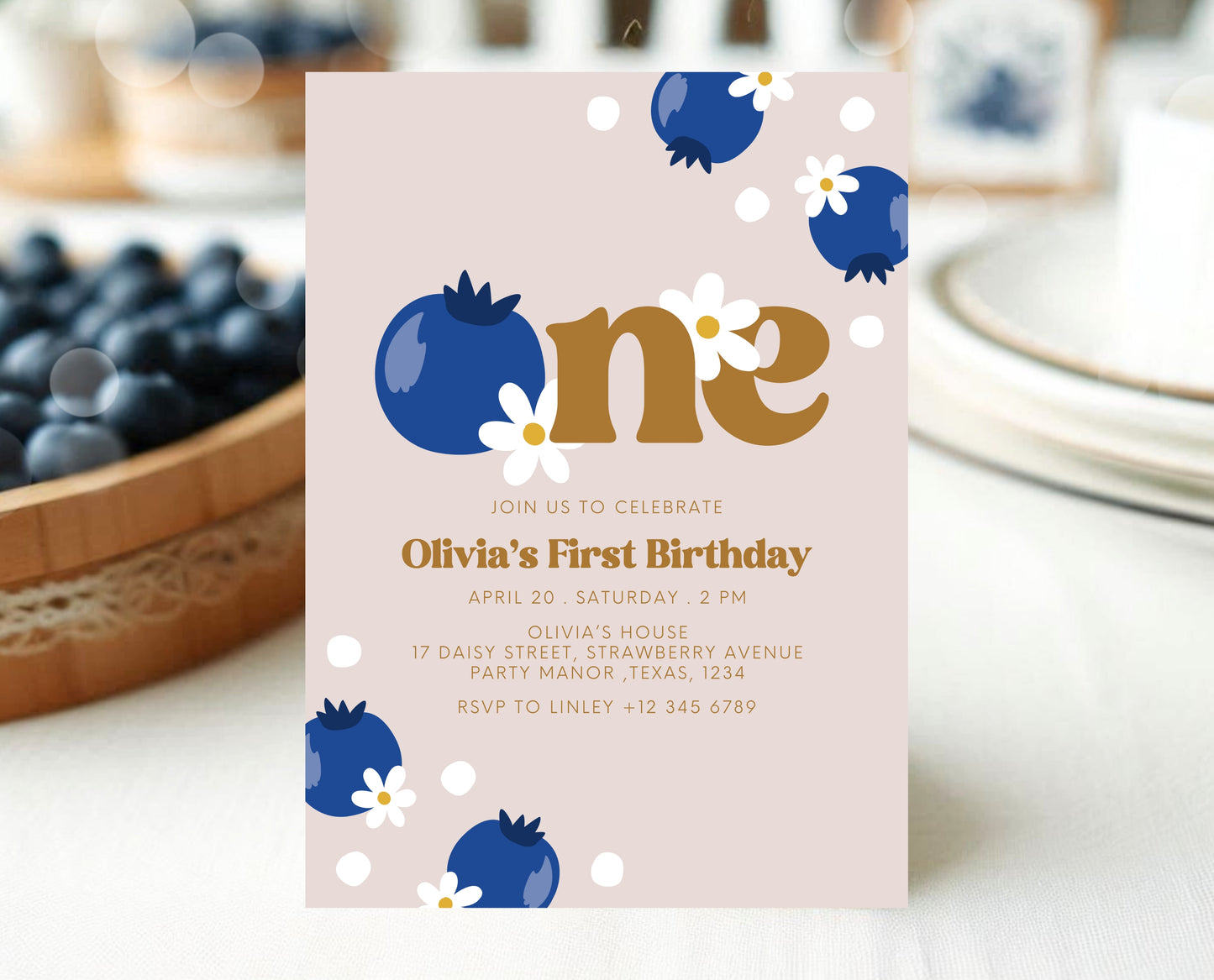 Editable Berry First Birthday Invitation, Gold Blueberry 1st Birthday Girl Invite, Printable Blueberry First Birthday Girl Invitation, GBP03