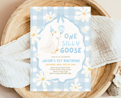 Editable One Silly Goose Birthday Invitation, Boy 1st Birthday Invite, Blue Printable Invite, Goose First Birthday Invite, Template, EPC04