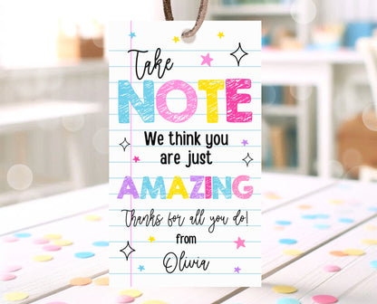 Editable Teacher Appreciation Tag, Teacher Notebook Gift Tag, Thank You Gift Tag, End of School Year Appreciation Week, Digital, Printable