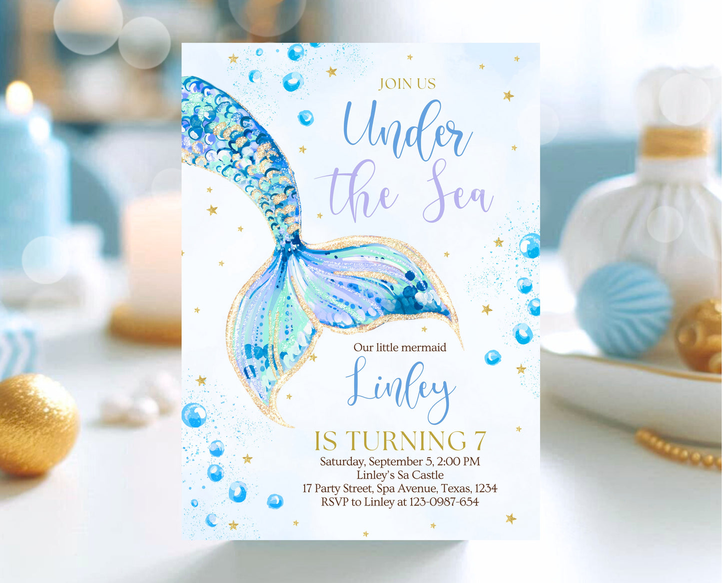 Editable Mermaid Tail Birthday Invitation, Under the Sea Birthday Invitation, Birthday Template, Blue And Gold Glitter Mermaid Invite, GBP12