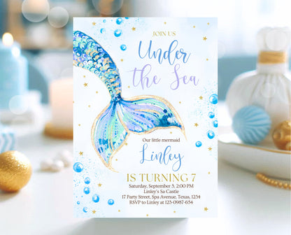 Editable Mermaid Tail Birthday Invitation, Under the Sea Birthday Invitation, Birthday Template, Blue And Gold Glitter Mermaid Invite, GBP12