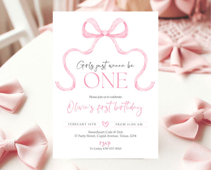 Editable Pink Bow Birthday Invitation, Girl First Birthday Printable, Pink Coquette Bow Invitation Birthday Girl Invite, Bow Invite, VDC12