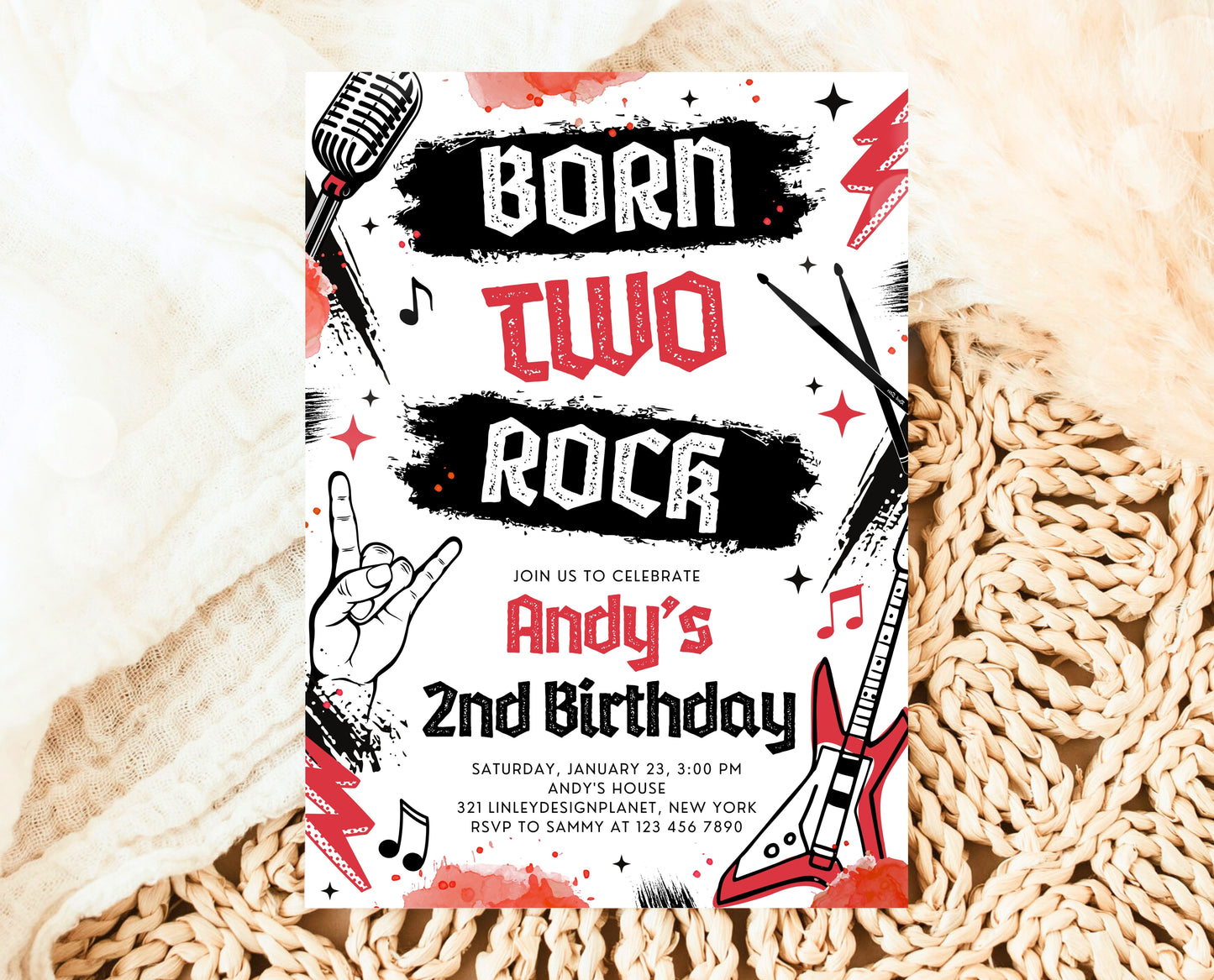 Editable Born Two Rock 2nd Birthday Party Invitation, Boy Rock And Roll Party Invitation, Punk Rock Birthday Invite, Red Rock Invite, BBP08
