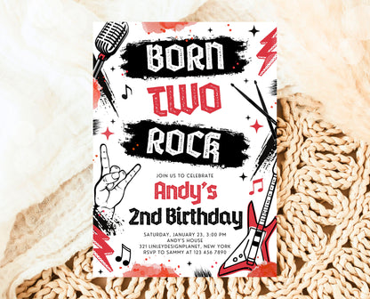 Editable Born Two Rock 2nd Birthday Party Invitation, Boy Rock And Roll Party Invitation, Punk Rock Birthday Invite, Red Rock Invite, BBP08