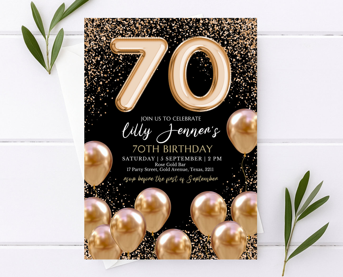 Editable 70th Birthday Invitation Black and Gold Design Modern 70th Party Invite Digital Template Printable Instant Download