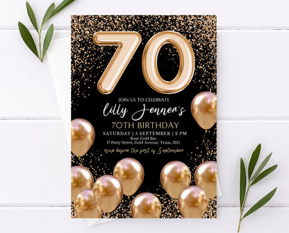 Editable 70th Birthday Invitation Black and Gold Design Modern 70th Party Invite Digital Template Printable Instant Download
