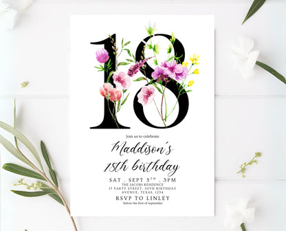 Editable 18th Birthday Invitation Minimalist Watercolour Floral Design Modern Adult Party Template Digital Printable Invite Instant Download
