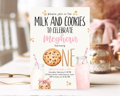 Editable Milk And Cookies Birthday Invitation, Pink Milk And Cookies First Birthday Invite, Printable Girl First Birthday Invite, GBP01