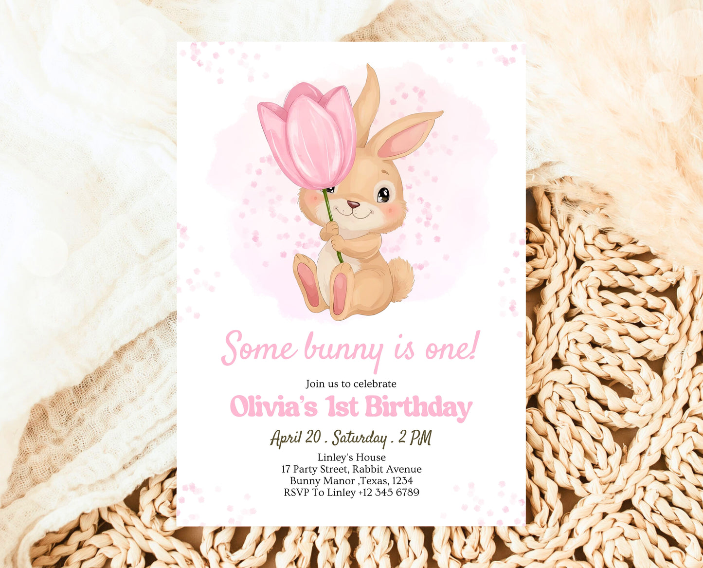 Editable Bunny Birthday Invitation, Some Bunny 1st Birthday Party, Hop On Over Bunny Birthday, Spring Birthday Rabbit Birthday Invite, EPC15