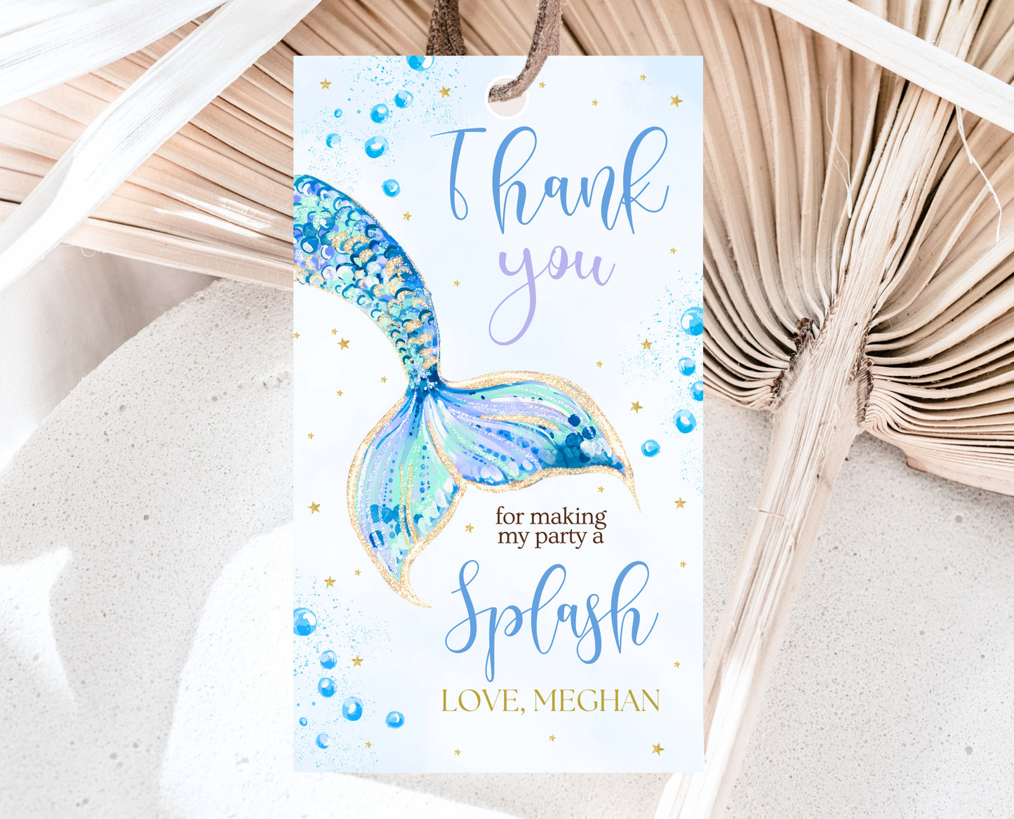 Editable Mermaid Tail Birthday Favor Tag, Under the Sea Birthday Thank You Tag, Birthday Template, Blue And Gold Glitter Mermaid Tag, GBP12