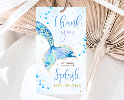 Editable Mermaid Tail Birthday Favor Tag, Under the Sea Birthday Thank You Tag, Birthday Template, Blue And Gold Glitter Mermaid Tag, GBP12