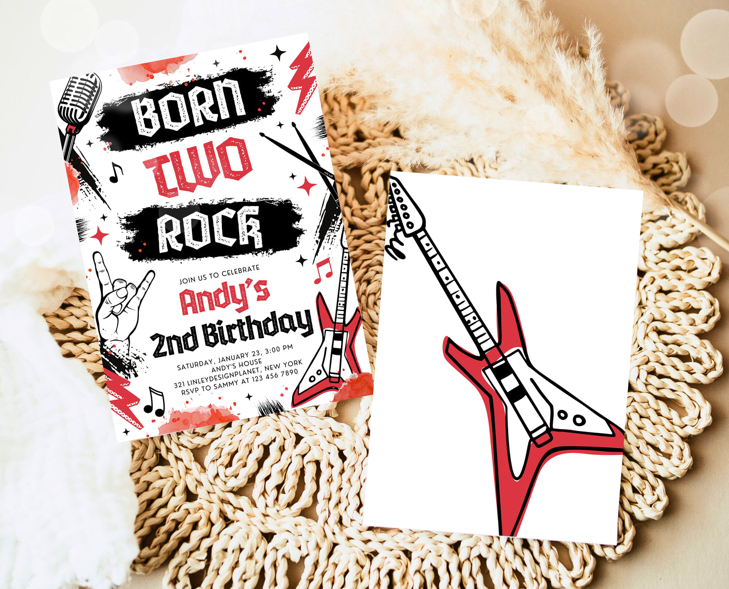 Editable Born Two Rock 2nd Birthday Party Invitation, Boy Rock And Roll Party Invitation, Punk Rock Birthday Invite, Red Rock Invite, BBP08