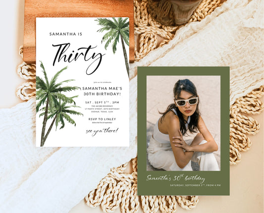Editable Palm Birthday Invitation Template Folk Palm Trees Summer Party Beach Theme Watercolour Modern Instant Download Printable AB12