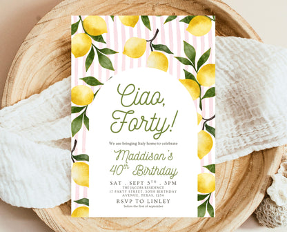 Editable Ciao Forty Birthday Invitation Lemon Boho Theme Modern 40th Party Template Digital Printable Invite Italian Summer Design Pink